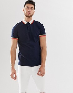 Men's <b>Navy</b> Blue Short Sleeve Polo Shirt With White Collar And Red Yellow Trim Solid Color Smart Casual Style Cotton Woven - Product Image 1