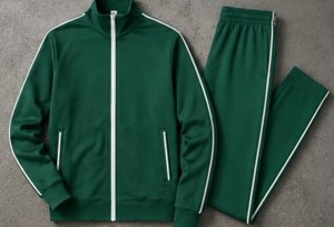 Unisex Green <b>Tracksuit</b> Set Full Sleeve Zipper Stand Collar Solid Color Breathable Polyester Autumn Casual Wear With Side Pockets - Product Image 4