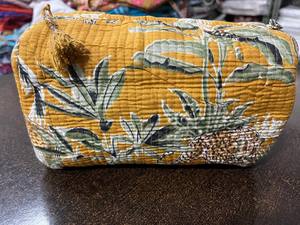 Block Printed Toiletry Makeup Pouch Set Quilted Cotton Zipper Bags with Tassel Accents for Travel Personal Care Storage - Product Image 2