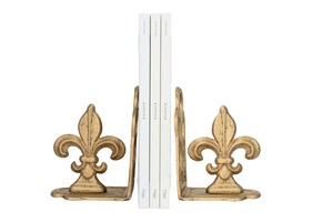 Fleur De Lis Metal <b>Bookends</b> 2Pcs Antique Gold Traditional Design for Home Office Decor - Product Image 1