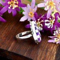 Bague Turquoise à Motif Damier Violet en Argent Sterling 925, Bague Géométrique Incrustée, Pierre Goutte d'Eau, Mosaïque, Bijou Fin