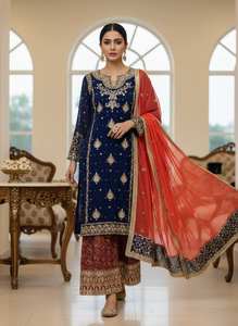 Conjunto de Kurti y Palazzo de Lujo en Azul Marino con Bordado en Georgette Sintético y Dupatta Roja de Tela de Red |   Traje Salwar de Diseño Indio para Fiestas - Product Image 2