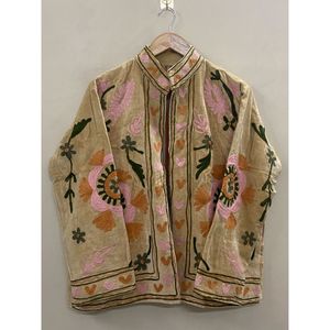 Hand Embroidered <b>Velvet</b> Knitted Cotton <b>Jacket</b> <b>Women</b> Mandarin Collar Full Sleeve Floral Pattern Open Front Prairie Winter/Spring - Product Image 6