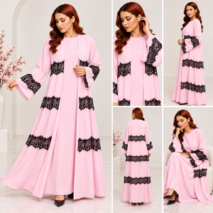 ALRESHA <b>Pink</b> Lace Panel Breathable Embroidered A-Line <b>Abaya</b> Plus Size Muslim Women Lantern Sleeve Maxi Dress Modest Floor Length - Product Image 3