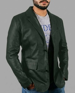 Blazer en cuir vert foncé pour homme, style italien décontracté, simple boutonnage, col cranté - Product Image 1