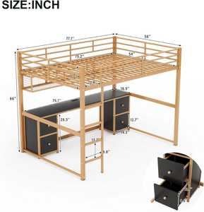 Solid Wood Loft Full <b>Bed</b> Frame <b>with</b> Desk, Drawers & <b>Storage</b> Shelves – Built-In USB Charging Station, Space-Saving Design - Product Image 4