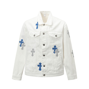 Spring Men's Retro American Vintage Cross Patch <b>Denim</b> Jacket Embroidered Button Up Streetwear High Street Casual Jean <b>Coat</b> - Product Image 1