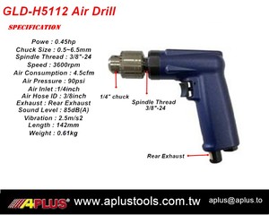 Perceuse pneumatique APLUS GLD-H5112, 3 600 tr/min, 0,45 CV, filetage de broche 3/8-24, mandrin 1/4, type à engrenages, poids 0,61 kg, OEM, garantie 1 an, pour l'aéronautique - Product Image 2