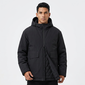 Men's Black Hooded Jacket Zipper Closure Windproof Casual <b>Winter</b> Coat Loose Fit Polyester Wadding Regular Length - Product Image 2