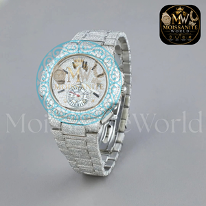 Montre chronographe de luxe en moissanite, boîtier rond de 42 mm, bracelet en acier inoxydable, mouvement à quartz analogique, fermoir déployant, unisexe - Product Image 4