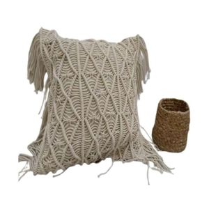 Housse de coussin carrée bohème en tricot avec pompons, coton bio, faite à la main, décoration intérieure, à prix avantageux - Product Image 4