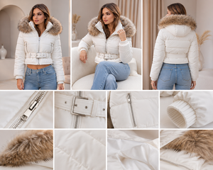 Manteau d'automne matelassé blanc long, écologique, anti-plis, à motif floral vintage, en polyester, avec ceinture à la taille - Product Image 5
