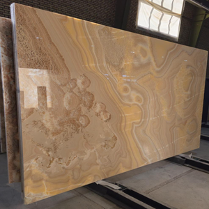 Dalles de marbre onyx aux tons terreux, beige naturel, vert, panneaux de pierre dorée - Product Image 3