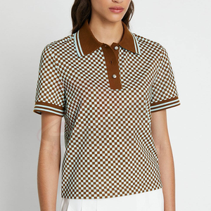 Polo à carreaux personnalisé en gros, manches courtes, motif géométrique marron et blanc, tissu tissé décontracté - Product Image 5