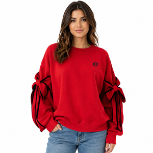 Manufacturer Women's <b>Red</b> Crew Neck Sweatshirt Bow Tie Sleeve Cotton Fleece Oversized Pullover Casual Streetwear Custom Logo Bulk - Product Image 1