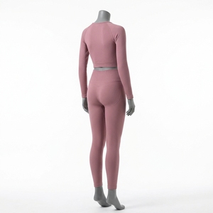 Women Dusty Pink Keyhole Crop Top High Waist <b>Flare</b> <b>Leggings</b> Yoga Set Gym Fitness Workout Activewear Set - Product Image 3