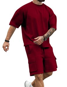 Mens Short Sets 2 Piece Outfits Short Sleeve Crewneck Summer <b>T</b> Shirt and Drawstring Casual <b>Track</b> Shorts Set - Product Image 1