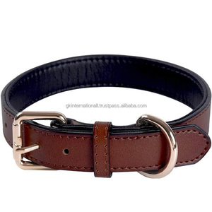 Classic Strong <b>Stitching</b> & Soft Padding Brown Leather Dog Collar with Luxury Rose Gold Roller Pin Buckle and D Ring All Sizes - Product Image 2