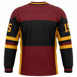 Maillot de hockey sur glace noir et bordeaux avec numéro 15 jaune, col en V, manches longues, évacuation de l'humidité, vêtements pour hommes - Product Image 2