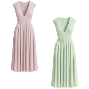 Vestido Midi de Punto Acanalado con Cuello en V y Manga Corta para Mujer, Directo de Fábrica, Cómodo y Transpirable, Ropa de Punto de Verano, Pedido al por Mayor, Servicio OEM - Product Image 1