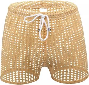 Shorts en tricot beige pour homme avec cordon de serrage à la taille, respirants, à motif de points, décontractés - Product Image 1