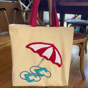 Bolsa de Mano de Lona de Algodón con Bordado de Paraguas, Bolso de Hombro para Compras, Reutilizable, para la Compra de Comestibles, para Mujer, para el Verano, la Playa y las Vacaciones - Product Image 1