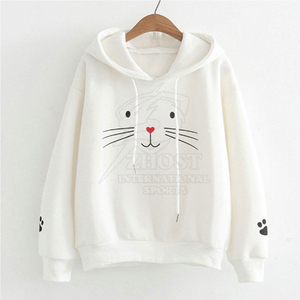 เสื้อฮู้ดดี้โอเวอร์ไซส์ผ้าฝ้ายปักลายหน้าแมวสีขาวสำหรับผู้หญิง พร้อมดีเทลแขนเสื้อรูปอุ้งเท้า สไตล์ลำลองแนวสตรีทแวร์ - Product Image 5