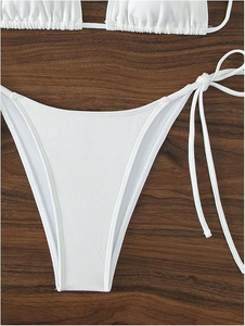 Ensemble bikini blanc pour femme, haut croisé à nouer, bas string à nouer sur les côtés, maillot de bain deux pièces en Spandex et Nylon, coupe extensible - Product Image 2