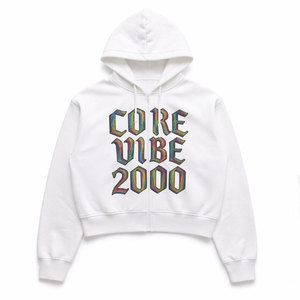 Sudadera con Capucha Corta Core Vibe 2000, Unisex, Estilo Y2K, Cierre Frontal con Cremallera, Estampado, Blanca, Corte Holgado, Felpa Francesa - Product Image 1