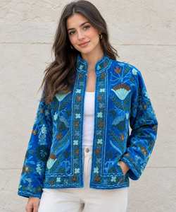 Veste en velours bleu brodée avec motif floral, col mandarin, manches longues, fermeture éclair, vêtements d'automne, vestes pour femmes, bleu - Product Image 4