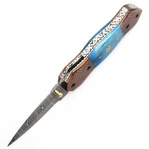 Navaja Plegable de Acero de Damasco con Hoja de Punta Caída, Mango de Micarta Azul, 8 Pulgadas de Longitud Total, con Perilla de Pulgar, Navaja de Bolsillo - Product Image 5