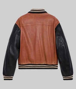Men's Brown <b>Leather</b> Varsity <b>Jacket</b> With Black Sleeves Turn-down Collar Casual Style Autumn Wear - Product Image 6
