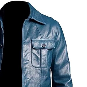 Veste en cuir véritable pour homme, col rabattu, fermeture à boutons simple, style décontracté, coupe classique, couleur unie, pour l'automne - Product Image 3