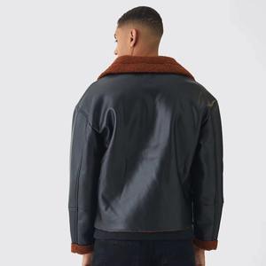 Blouson Aviateur Homme Personnalisé en Similicuir Noir avec Col en Fausse Fourrure, Veste Bomber d'Hiver, Vente en Gros, OEM, Acheteurs USA - Product Image 2