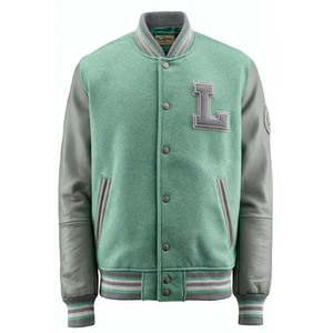 Veste de sport verte pour homme, corps en laine, manches en cuir PU, lettre F brodée sur le devant, col rabattu, style preppy, vêtement d'automne - Product Image 6
