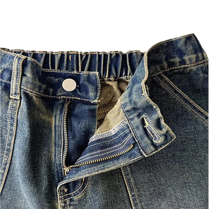 Men's Mid Waist Dark Blue Denim Bermuda Shorts Casual Washed Cotton Elastic Waist Style - Product Image 3