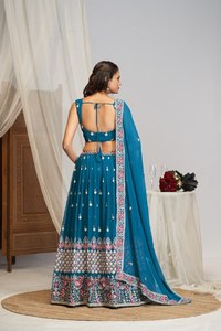 Teal Blue Embroidered <b>Lehenga</b> Choli Net Wedding Dress Set Fox Georgette Festival Outfit With Dupatta - Product Image 5