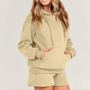 Women Oversized Drop Shoulder Cropped Sweatshirt with Short Hoodies 2 <b>Piece</b> Street Style Women <b>Lounge</b> <b>Sets</b> - Product Image 3