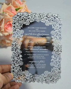 Carte d'invitation de mariage en acrylique découpée au laser avec dentelle florale, bordure en vigne de roses, impression sérigraphiée de luxe - Product Image 3
