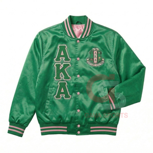 Chaqueta bomber de satén verde y rosa estilo streetwear AKA con letras griegas, cortavientos, para mujer, ideal para universidades y HBCU. - Product Image 1