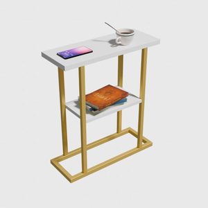 Table d'appoint moderne à deux niveaux avec plateau blanc et structure en métal doré |   Table d'appoint fine pour salon et chambre à coucher - Product Image 1