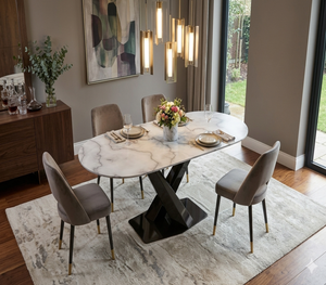 โต๊ะรับประทานอาหารหินอ่อนรูปวงรีทันสมัยพร้อมฐานโลหะสีดำรูปตัว X เฟอร์นิเจอร์ห้องรับประทานอาหารระดับพรีเมียมสุดหรู - Product Image 1