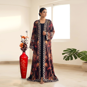 Stylish Satin <b>Printed</b> Abaya Shrug for Women Arabic Open Front Long Abaya Cardigan with Border Design Modest <b>Islamic</b> Fashion Wear - Product Image 1