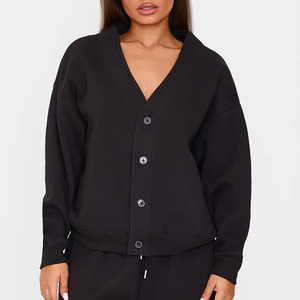 Manufacture Full Sleeve Daily Women's 2 Piece <b>Knitted</b> <b>Set</b> V Neck Cardigan Long Pants Solid Black Casual Loose Fit All Seasons - Product Image 4