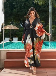 Floral V Neck Maxi Abaya <b>Dress</b> Batwing Sleeve <b>Loose</b> Fit Beaded Slit Hem Women's Summer Wedding Elegant Quick Dry Breathable - Product Image 6