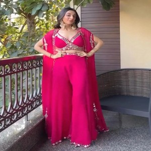 VASTRA COTTAGE Conjunto Lehenga Choli Tradicional de Georgette Rosa con Bordado de Espejo, Listo para Usar, para Todas las Estaciones, con Palazzo y Shrug, para Fiesta de Mujer - Product Image 5