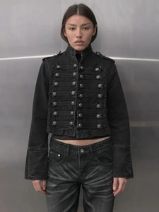 Y2K Retro Hussars Jacket Turn-down Collar <b>Double</b> <b>Breasted</b> Horn Button Regular-Length Denim Jacket <b>Men</b> Boxy <b>Coat</b> Front - Product Image 4