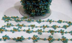 Chaîne de perles pendantes en calcédoine aquatique et quartz hydro, motif fleur, 4 mm, rondes, facettées, en grappe, style chapelet, vendue au mètre - Product Image 2