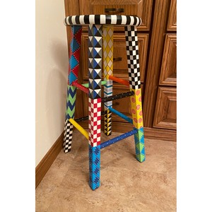 Hand-Painted Oak Wood Artistic Stool | Decorative Bohemian Design | Durable Multicolor Geometric | Moradabad Crafts | Aqudus - Product Image 1