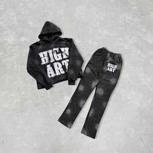 Conjunto de sudadera y pantalones de chándal de invierno 100% algodón suelto de lujo con lavado de diamantes de imitación ácido personalizado para hombre - Product Image 5